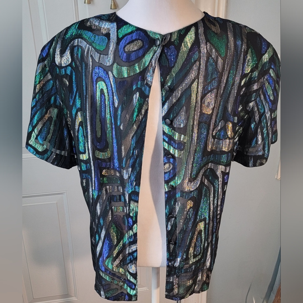 Christian Dior 80s Vintg Semi Sheer Blouse Womens 14 Black Multi Metallic Retro - Picture 7 of 13
